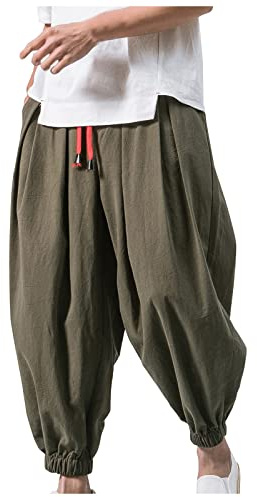 SOOUICKER Leinenhose Herren Jogger Haremshose Japanisch mit Taschen Freizeithose Leicht mit Gummizug Jogginghose Yoga Stoffhose Leinen Aladinhose