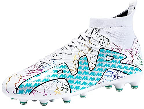 VTASQ Football Boots Men's High Top Spike Boy's Outdoor Soccer Shoes Professional Athletic Training Shoes Competition Football Shoes Cleats Sneakers Unisex White/Turquoise 8 UK
