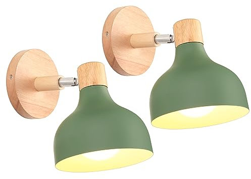 iDEGU 2 Stücke Wandlampen Retro E27 Wandleuchte Moderne aus Holz Metall im Skandinavischen Stil Lampenschirm Tropfenförmig Verstellbare Wandspot Vintage Lampe für Schlafzimmer Wohnzimmer (Olivgrün)
