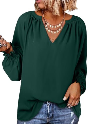 Dokotoo Womens Blouses Smocked Puff Long Sleeve Women‘s Shirts V Neck Casual Chiffon Ladies Tops Green XL UK 18 20