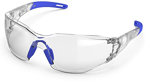 Gafas protectoras transparentes - Puente nasal ajustable, antivaho y antiarañazos, ligeras con empuñaduras de goma antideslizantes - Conforme a ANSI Z87 (Blue)