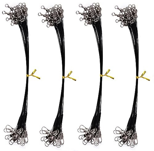 100 Pack Fishing Wire Leaders, 30 LB Steel Fishing Lure Wire Trace Leaders with Swivels and Snaps for Pike Hidden Main Line Prevent Fish Bite, 15/20/25/30cm (Black)