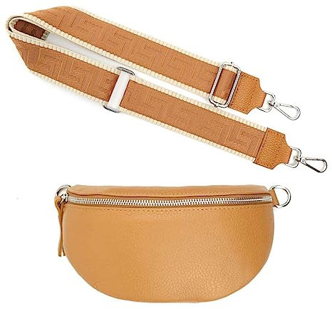 Made in Italy OBC Damen Set Gürteltasche + Schultergurt Leder Crossbody Hüfttasche Bauchtasche Umhängetasche Brusttasche Crossover Bodybag Schultertasche Handy Geldtasche Tasche Camel S Gürtel
