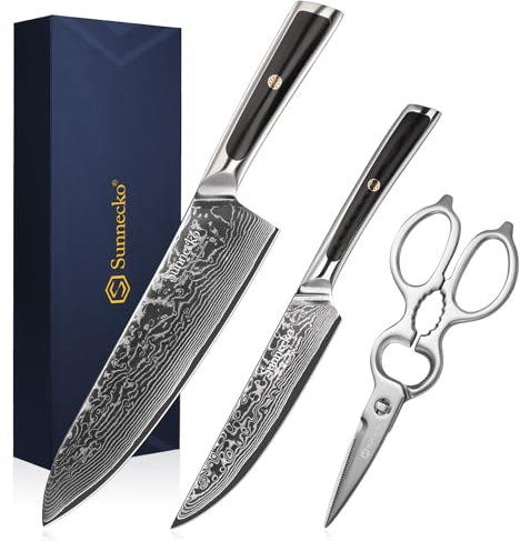 Sunnecko Damascus Kitchen Knife Set - Sharp Chef Knife Sets of 3pcs 73-Layer VG10 Damascus Steel, Full Tang G10 Handle Kitchen Knives