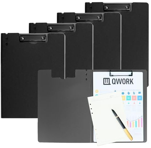 QWORK® Lot de 5 porte-blocs A4 durables, presse-papiers avec couvercle, matériau PP épais avec clip extra résistant, noir