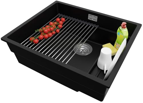 PRIMAGRAN Unterbauspüle ab 60er Unterschrank + Ablauf-Set, 56x47cm | Set: Ablauf-Set (Siphon, Ablaufgarnitur, Überlauf) + Abtropfmatte + Spülbecken 1 Becken - Prag Step, Schwarz