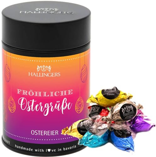 Hallingers Fröhliche Ostergrüße - Ostergeschenke für Osterkörbchen zu Ostern, Pralinen Ostereier handmade ohne Alkohol (Dose) - Geschenk im Sommer & als perfektes Grillgeschenk | Glückwunsch Glückwüns