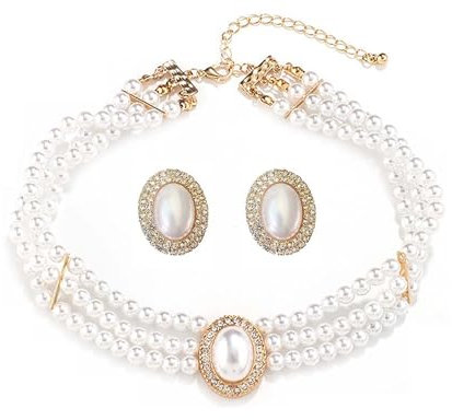 Aleasha Mehrreihige Perlenkette Set Faux Perlen Choker Halskette Ohrringe Damen Perlenkette 3 reihig Gold Hochzeits Schmuck