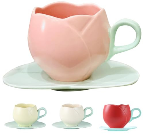 AZURAOKEY Tazza da caffè a tulipano, tazza da caffè creativa con tulipano, tazza da tè creativa con sottobicchieri, in ceramica, vintage, a forma di tulipano, tazza da tè da 300 ml, con manico comodo