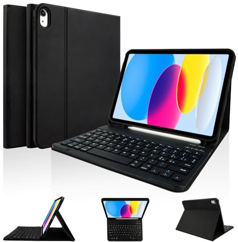 LAMA Custodia per Tastiera per iPad 10a Generazione 10,9 2022 (A2696/A2757/A2777), Custodia Protettiva Sottile con Custodia per Tastiera Bluetooth Wireless Staccabile e Portamatite per iPad 10a Nero