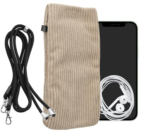 kwmobile Handytasche für Smartphones XXL - 7 Handy Tasche - Cord Handy Hülle Creme mit Kordel - Tasche mit Handykette 17,7 x 9 cm Innenmaße