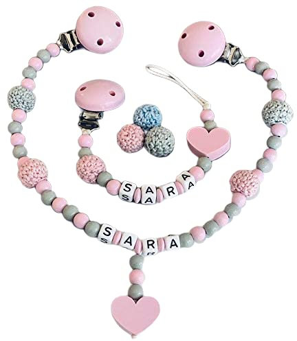 2er Set Kinderwagenkette & Kette personalisiertes baby geschenk mit Namen für Mädchen oder Junge Baby Geschenk personalisiert zur Geburt & Taufe (2er Set Herz Rosa)