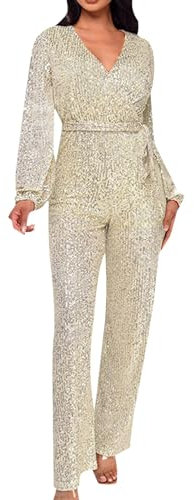 Womens Sequin Wrap Casual Jumpsuit Long Sleeve Belted Sequin Jumpsuit Glitter Sequin Party Wedding Dress up Outfits Elegant Formal Festival Club Clothing Festival Party Night Clubwear (11-Beige, XL)