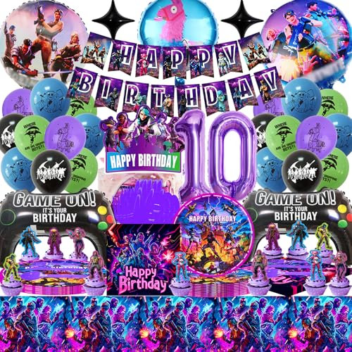 Fortnit Geburtstagsdeko 10 Jahre, 95 Stück Videospiel Deko Partygeschirr, Gaming Party Deko Kindergeburtstag, Geburtstag Luftballon Banner Tischdecke Teller Papiertuch Ect Thema Geburtstagsparty Junge