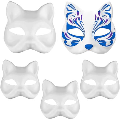 AUNGCSHE 5 Stück DIY Katzenmaske, Therian Mask, Katzen weiße Maske Handgemalte Maskenball Party Maske für Karneval, Cosplay, Halloween Party Frau Mädchen, Masken Unbemalte Stütze (Katze)