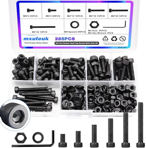 mxuteuk M4-Schrauben, M4-Schraubenschrauben-Mutter-Kit,6/8/12/16/20/30 mm metrische sechseckige Schrauben, aus Legierungstahl der Stufe 12,9 und sechseckiger Schlüssel (285PCS)