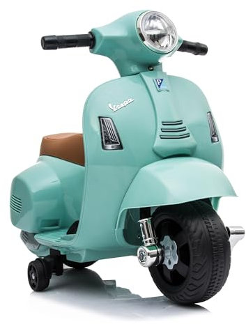 LEMODO Elektrofahrzeug Vespa in grün, Kinder Motorrad ab 18 Monate, Elektromotorrad mit Licht und Sound, Kinderroller mit abnehmbaren Stützrädern, Lizenziertes Kinderfahrzeug