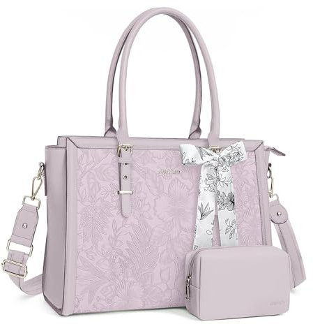 MOSISO Sac Ordinateur Femme 17-17,3 Pouces,Sac Fourre-tout en Cuir PU Compatible avec MacBook,HP,Dell,Asus,Sac PC Portable Rétro Hibiscus Gaufré avec Écharpe Soie&Pochette,Lilas Poussiéreux
