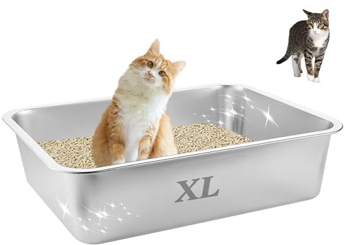 Suhaco Caja de Arena de Acero Inoxidable de Cara Alta para Gatos, Bandeja Grande de 60 x 40 x 15 cm, Bandeja de Arena para Gatitos, fácil Limpieza, Antiadherente, antifugas, Bandeja de Arena de Metal