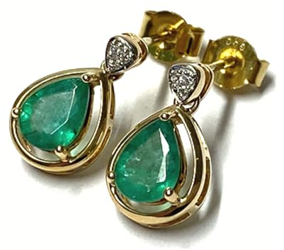Ohrring 585/- Gold Smaragd tropfen facettiert 8x6mm + Diamant 0,03ct Ohrstecker