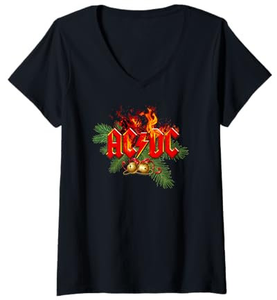 Damen AC/DC Weihnachtswunschzettel Flaming Logo mit Glocken T-Shirt mit V-Ausschnitt