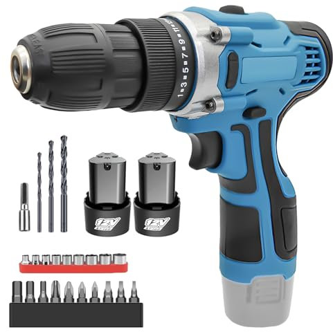 Akkuschrauber, 12V Akku Bohrschrauber Set, 25+1 Akkubohrer 45Nm Drehmoment Max mit 2 3000mAh Akkus, 23tlg Zubehör, 10mm Bohrfutter, 2-Gang, LED-Licht, Klein Akku Schrauber