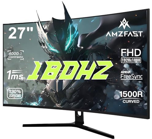 Amzfast Monitor Gaming Curvo 27'' 180 Hz, 1 ms MPRT, Adaptive Sync, HDR10, DCI-P3 95%, Anti-Flicker/Glare, Low Blue Light, 1500R, VESA Mount, HDMI/DP, AMZG27C1