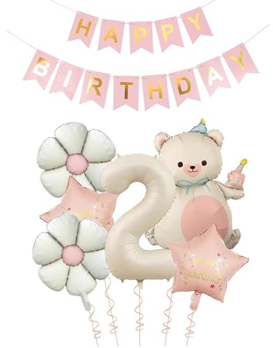 Tourima Geburtstagsdeko 2 Jahr Mädchen mit Happy Birthday Girlande, Folienballon 2 Geburtstag Mädchen, Ballon Deko 2.Geburtstag Mädchen, Luftballons 2 Jahr