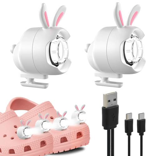 Rechargeable Shoe Lights 2PCS, Cute Rabbit Shoe Charm Lights for Croc Style Shoes, IPX5 Shoe Charm Accessories Flashlight with 3 Lighting Modes, Shoe Headlights for Camping Dog Walking