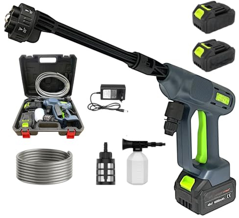 Idropulitrice Portatile a Batteria 48V 6000mHa ad Altra Pressione 30 Bar con Motore Brushless Ugello Regolabile 6 in 1 Idropulitrice Senza Fili con Tubo da 5M ideale per Auto Casa Giardino