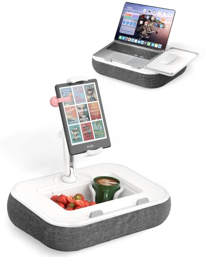 SupeDesk Kindle Halterung Kissen, Tablet Halterung,Kindle Halter,kompatibel mit 4,7-15 Handy/Kindle/Tablet/Laptop, Laptopständer mit Mauspad,Snackbox,Becherhalter & 360° drehbarer Arm für Bett, Sofa