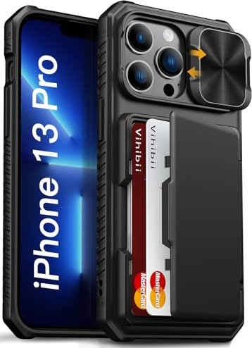 Vihibii for iPhone 13 Pro Case with Card Holder (4 Cards) [RFID Blocking] & Slide Camera Cover, Military Grade Drop Protection, Rugged Hard Back & Silicone Edge Wallet Phone Case, 6.1 2021, Black