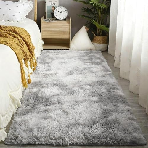 Bocguy Teppich Flauschig, Hellgrau Tie-dye Hochflor Teppich 140x200cm, Waschbare Teppiche, Weicherteppich, Kuschelteppich Anti-Rutsch Unterseite für Schlafzimmer und Wohnzimmer
