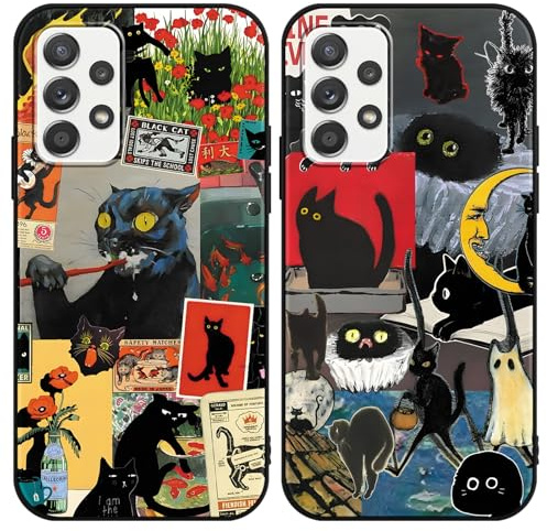 Kivlclri 2 Stück Handyhülle für Samsung Galaxy A52 5G Hülle 6,5, Aesthetic Muster Schwarz Katze Collage Motiv Design Weiche TPU Dünn Bunt Silikon Schutzhülle Kratzfeste Stoßfest Case für Mädchen