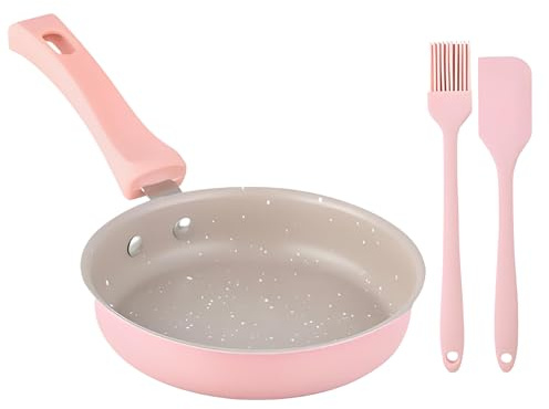 3Pcs Pink Frying Pan Small Set Including 1 Small Frying Pan Non Stick 1 Oil Brush and 1 Silicone Spatula, Non Stick Surface for Making Single Servings of Omelets Pancakes and Daily Breakfast Dishes