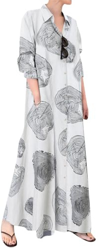 OMZIN Damen Langarm Revers Leinen Maxi Shirt Kleid Casual Button down Lose Lange Bluse Kleider Plus Size