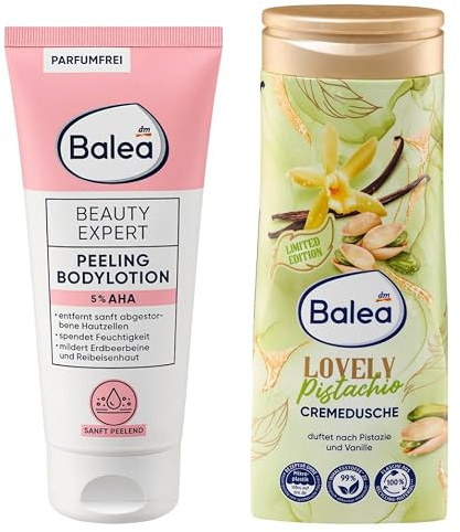 Balea Peeling Bodylotion Beauty Expert 5% AHA + Duschgel Lovely Pistachio | Lotion mit Peeling-Effekt bei Reibeisenhaut, feuchtigkeitsspendend, parfümfrei, 200 ml + Cremedusche Pistazie Vanille, 300 ml