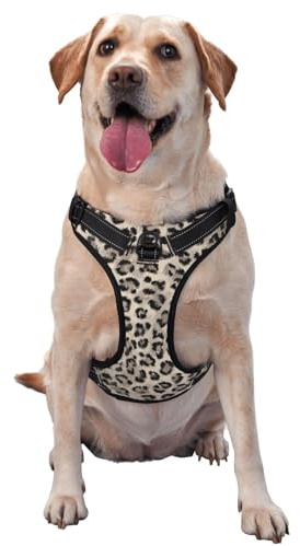 Hundegeschirr mit Leopardenmuster, kein Ziehen, verstellbar, reflektierend, Oxford, einfache Kontrolle, Größe M, L, Beige und Schwarz