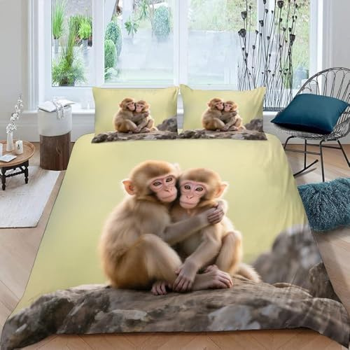 Buohwiwe Bettwäsche 135x200 Kinder Süße Tiere Bettbezug 135 x 200 cm 2 Teilig Wendebettwäsche 3D AFFE Weich Mikrofaser Bettwäsche-Sets mit Reißverschluss und 1 Kissenbezüge a.8786