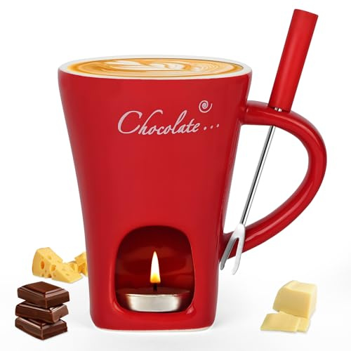 Vicloon Tasse à Fondue au Chocolat, 130 ML Services à Fondue au Chocolat, Set à Fondue au Chocolat en Céramique, Idéal Maison et Fêtes, Set à Fondue avec Fourchette pour Fromage, Chocolat (Rouge)