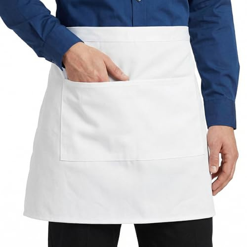 Yuanchu Weiß Taillenschürze Vorbinder Schürze mit 2 Taschen | Polyester Kellnerschürze Mit 2 Fronttaschen, Verstellbaren Trägern, Wasserabweisender Oberfläche, Für Küche Restaurant Café