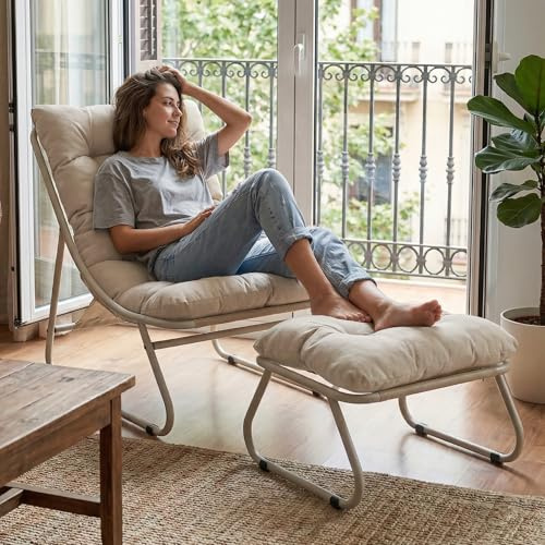 Villeston Ohrensessel mit Hocker, Bequemer Lesestuhl | Ergonomischer Lounge-Stuhl für Wohnzimmer, Schlafzimmer oder Büro – auch für Terrasse, Balkon, Pool und Garten, Indoor & Outd