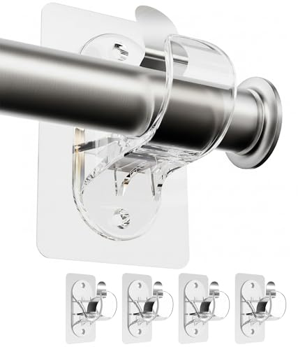 BYSHEGET 4 soportes para barra de cortina sin taladrar, ganchos adhesivos | Soportes autoadhesivos con tornillos para montaje en pared, para baño, cocina, salón, dormitorio y ventanas (Transparente)