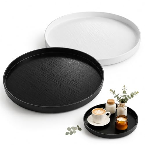 2 Stück Deko Tablett Rund 30cm mit 4 Anti Rutsch, Großes Servierplatte Rund in Schwarz & Weiß, Dekoteller Rundes für Partys, Wohnungen, Bars und Restaurants (Schwarz+weiß)