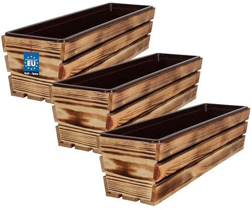 KOTARBAU® Blumenkasten für Balkon, Balkonkasten mit Kunststoffeinsatz | 3er Set, Pflanzkasten, 60 x 18 x 15 cm, Blumentopf, Kräutertopf aus Kiefernholz für Terrasse, Balkon Deko, Rustikal