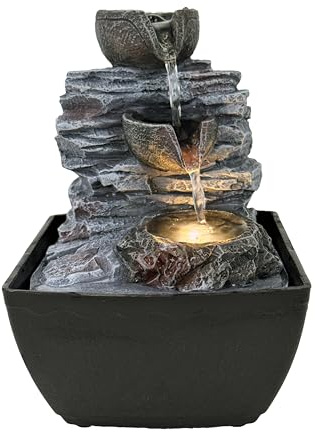 Mini fontana d'acqua da tavolo Rockfall Springs con luce a LED, fontana USB in resina per casa, ufficio, camera da letto, scrivania e arredamento relax, 18 cm