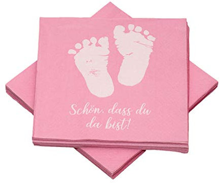 20 Servietten Babyfüße 'Schön, dass du da bist!' 33x33 cm - rosa - für Geburt, Taufe, Babyshower, Mädchen
