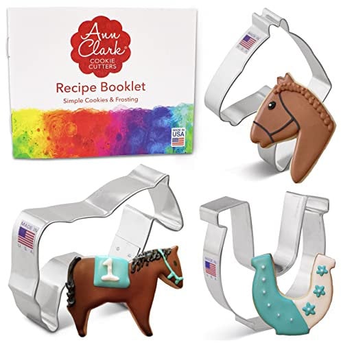 Ann Clark Cookie Cutters Ensemble de 3 emporte-pièces cheval avec livret de recettes, cheval, tête de cheval et fer à cheval