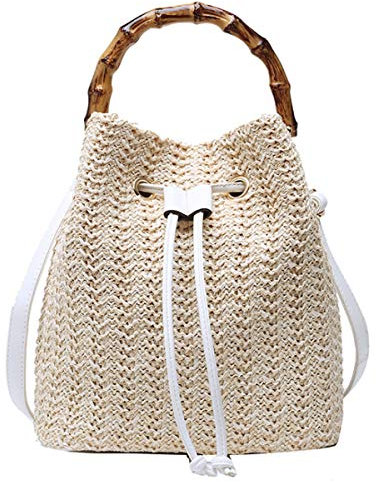 MEGAUK Damen Sommer Strand Beuteltasche Bucket Bag Umhängetasche Handtasche Schultertasche Shopper Henkeltasche mit Kordelzug (Weiß)