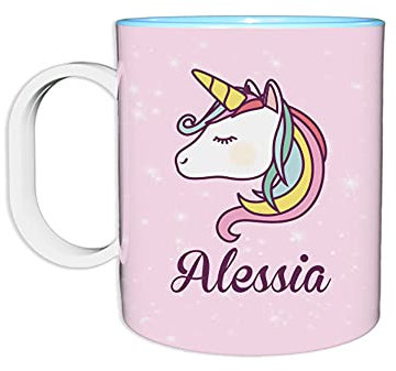 Fupies Tazza in plastica personalizzata con nome unicorno magico, Azzurro
